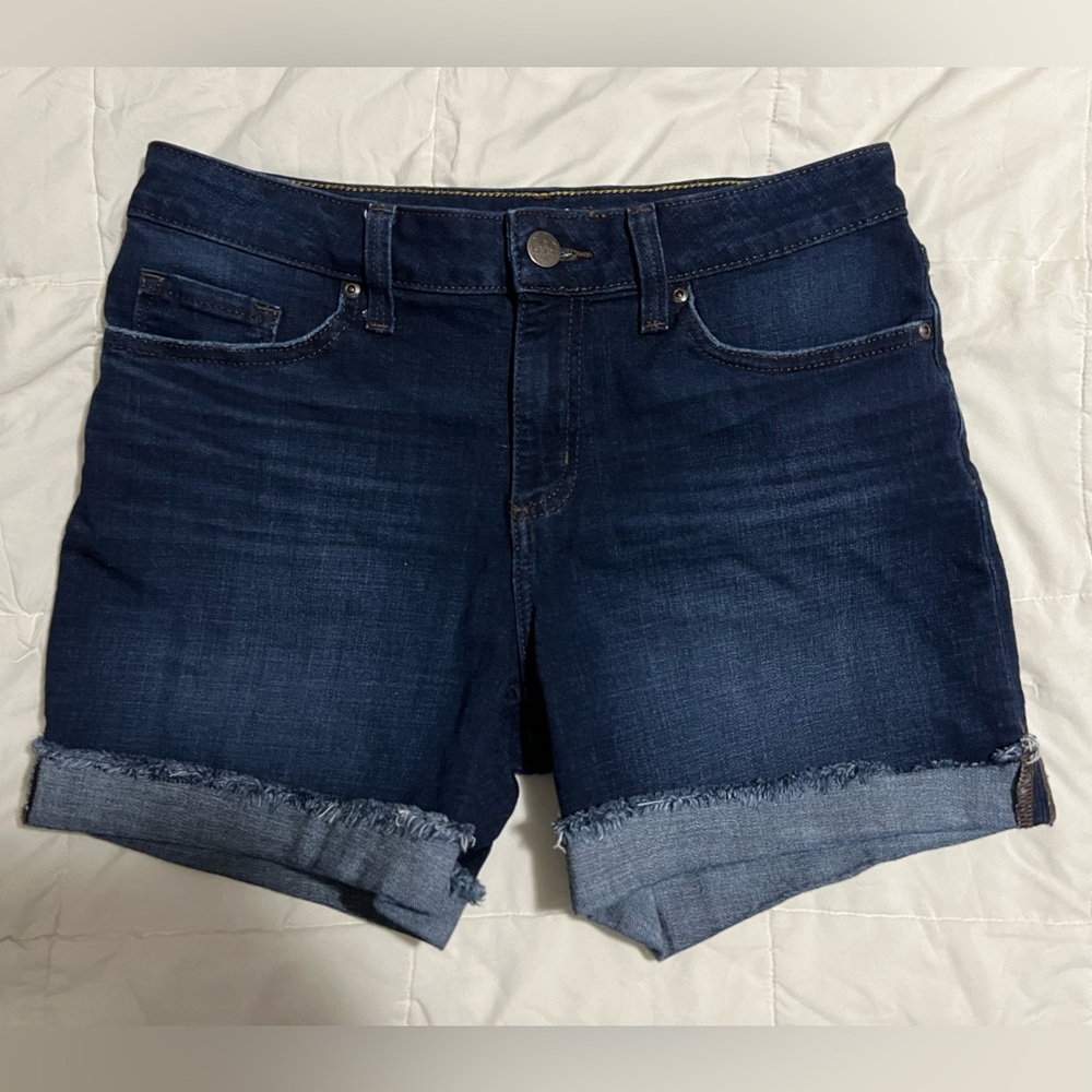 Dark Blue Frayed Hem Jean Shorts